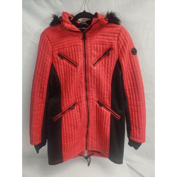 MICHAEL KORS WOMENS RED PUFFER WINTER COAT HOODED FAUX FIR LINING SIZE SMALL - Picture 1 of 8